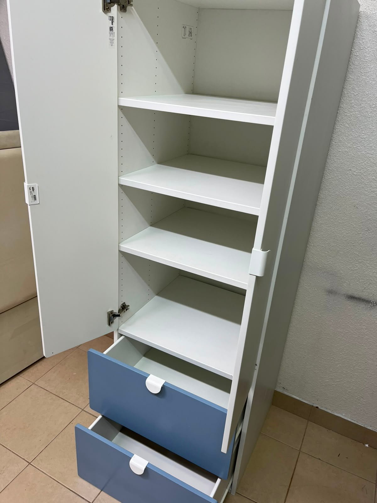 Modern Two-Tone Wardrobe / Closet – White Double-Door Cabinet with Blue Bottom Drawers & Sleek Semi-Circle Handles - Image 12