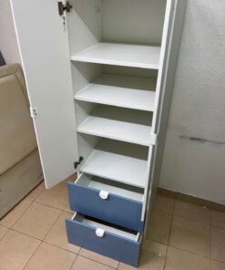 Modern Two-Tone Wardrobe / Closet – White Double-Door Cabinet with Blue Bottom Drawers & Sleek Semi-Circle Handles - Image 13