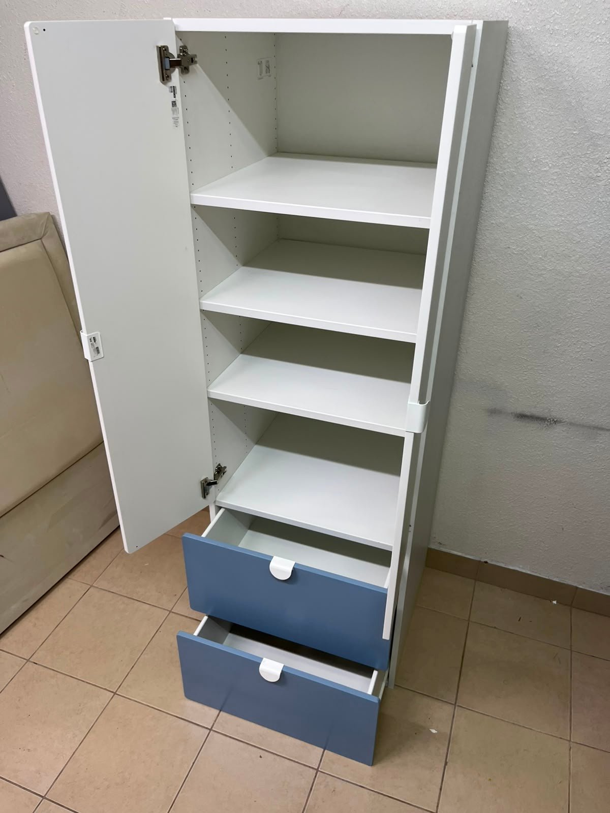 Modern Two-Tone Wardrobe / Closet – White Double-Door Cabinet with Blue Bottom Drawers & Sleek Semi-Circle Handles - Image 13