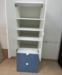 Modern Two-Tone Wardrobe / Closet – White Double-Door Cabinet with Blue Bottom Drawers & Sleek Semi-Circle Handles - Image 14