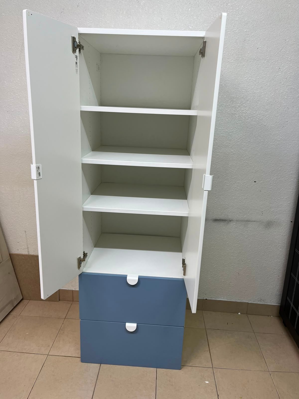 Modern Two-Tone Wardrobe / Closet – White Double-Door Cabinet with Blue Bottom Drawers & Sleek Semi-Circle Handles - Image 14