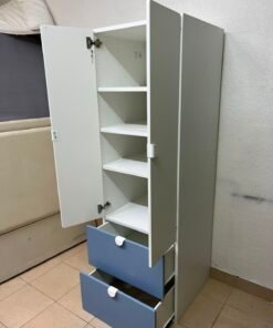 Modern Two-Tone Wardrobe / Closet – White Double-Door Cabinet with Blue Bottom Drawers & Sleek Semi-Circle Handles - Image 15