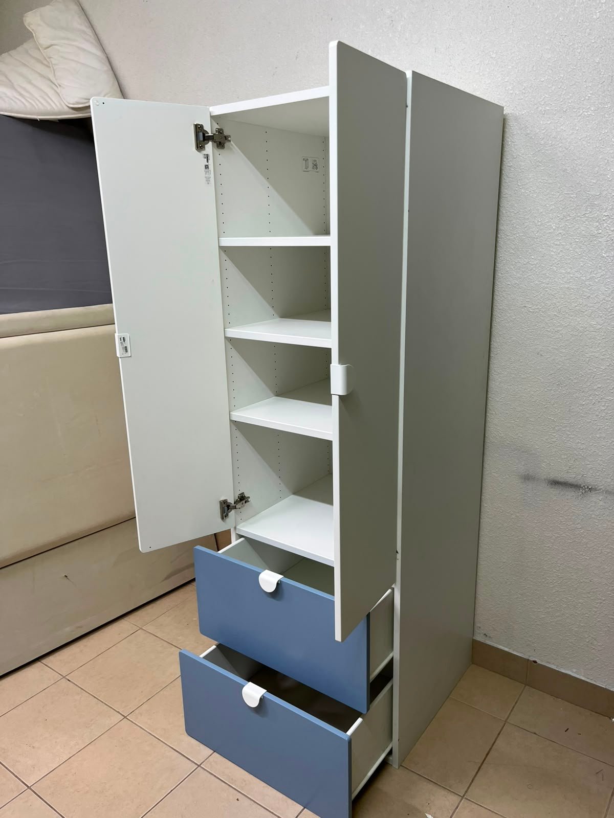 Modern Two-Tone Wardrobe / Closet – White Double-Door Cabinet with Blue Bottom Drawers & Sleek Semi-Circle Handles - Image 15