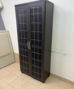 Modern Dark Wood 2-Door Wardrobe / Closet – Espresso Frame with Black Glossy Grid Panels & Vertical Silver Handles - Image 2