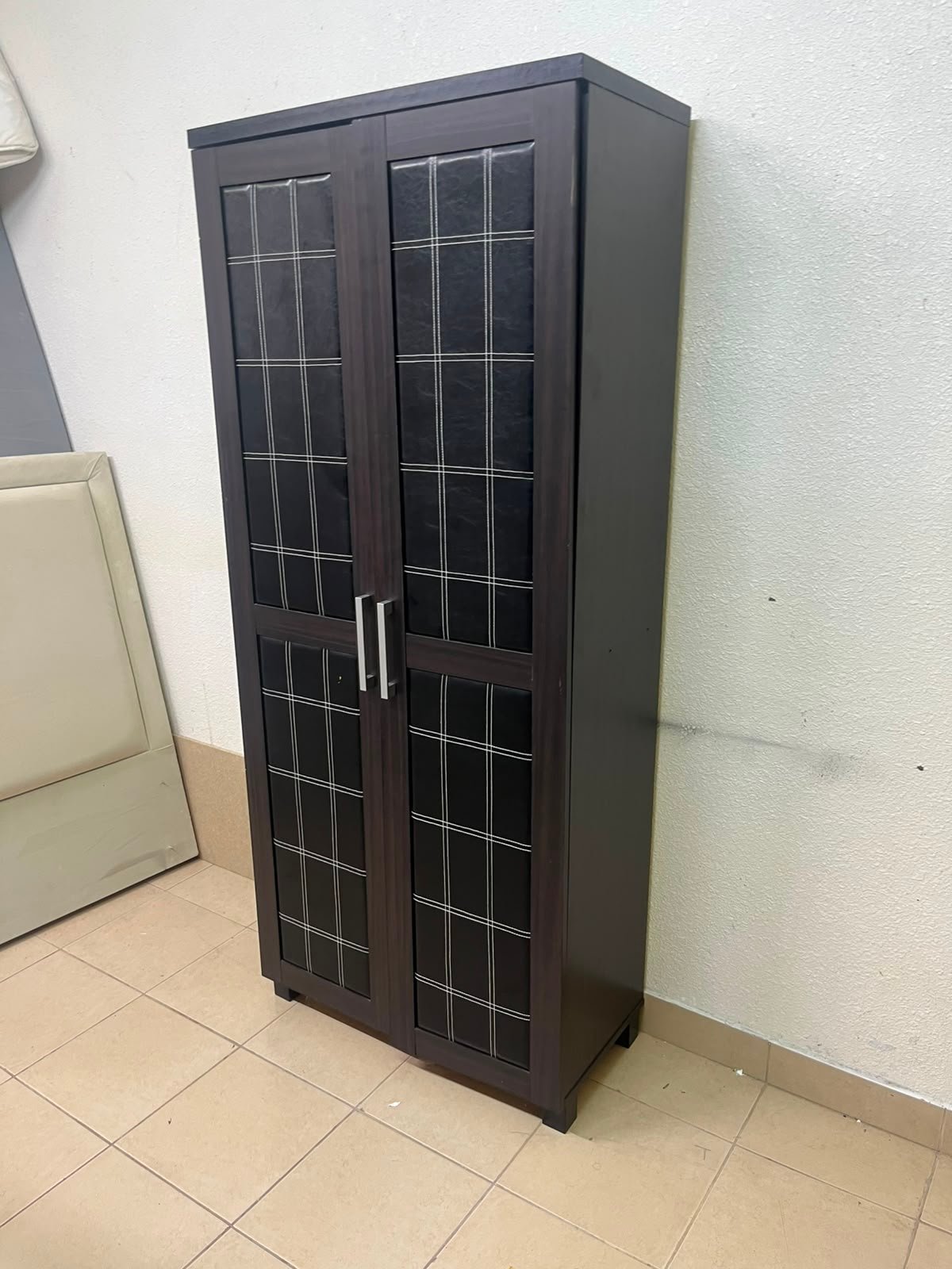 Modern Dark Wood 2-Door Wardrobe / Closet – Espresso Frame with Black Glossy Grid Panels & Vertical Silver Handles - Image 2