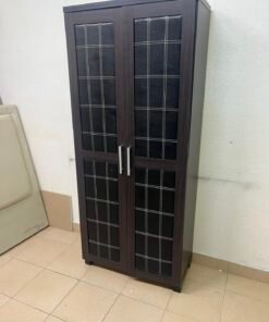Modern Dark Wood 2-Door Wardrobe / Closet – Espresso Frame with Black Glossy Grid Panels & Vertical Silver Handles - Image 3