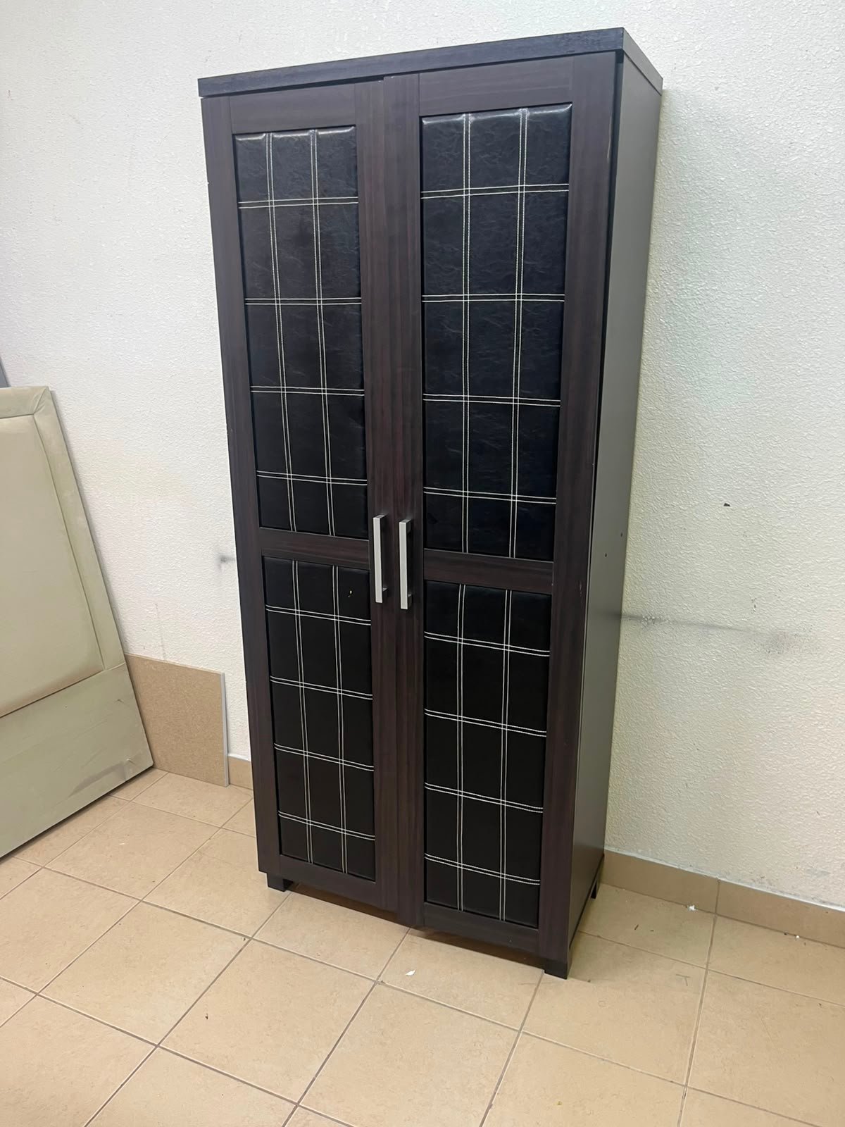 Modern Dark Wood 2-Door Wardrobe / Closet – Espresso Frame with Black Glossy Grid Panels & Vertical Silver Handles - Image 3