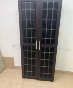 Modern Dark Wood 2-Door Wardrobe / Closet – Espresso Frame with Black Glossy Grid Panels & Vertical Silver Handles - Image 4