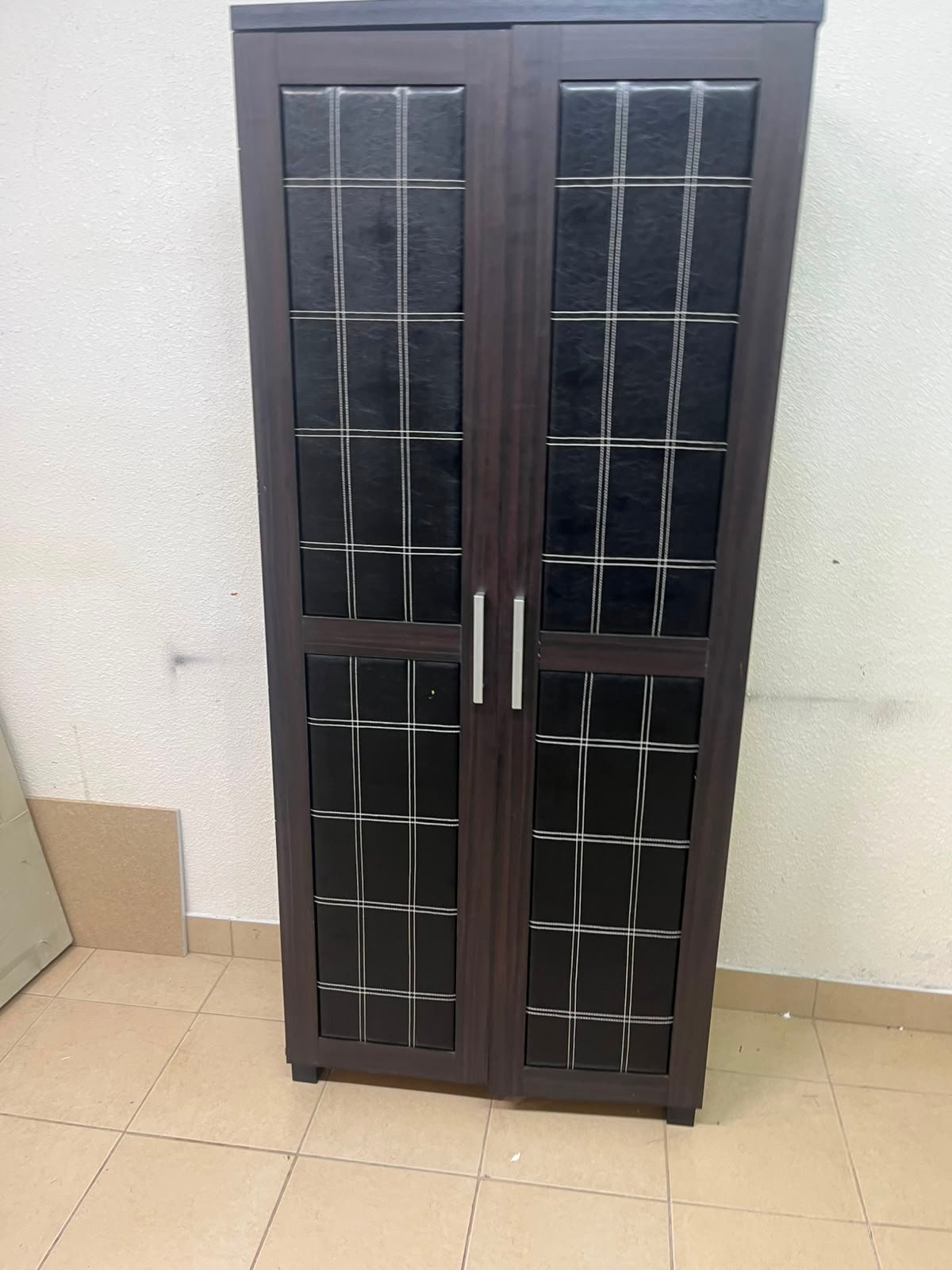 Modern Dark Wood 2-Door Wardrobe / Closet – Espresso Frame with Black Glossy Grid Panels & Vertical Silver Handles - Image 4