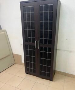 Modern Dark Wood 2-Door Wardrobe / Closet – Espresso Frame with Black Glossy Grid Panels & Vertical Silver Handles