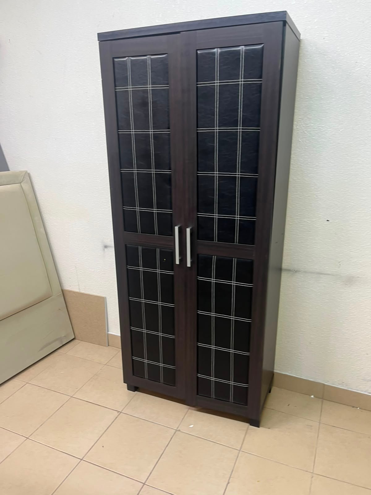 Modern Dark Wood 2-Door Wardrobe / Closet – Espresso Frame with Black Glossy Grid Panels & Vertical Silver Handles