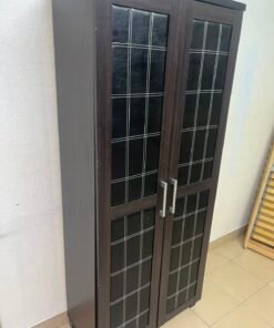 Modern Dark Wood 2-Door Wardrobe / Closet – Espresso Frame with Black Glossy Grid Panels & Vertical Silver Handles - Image 6