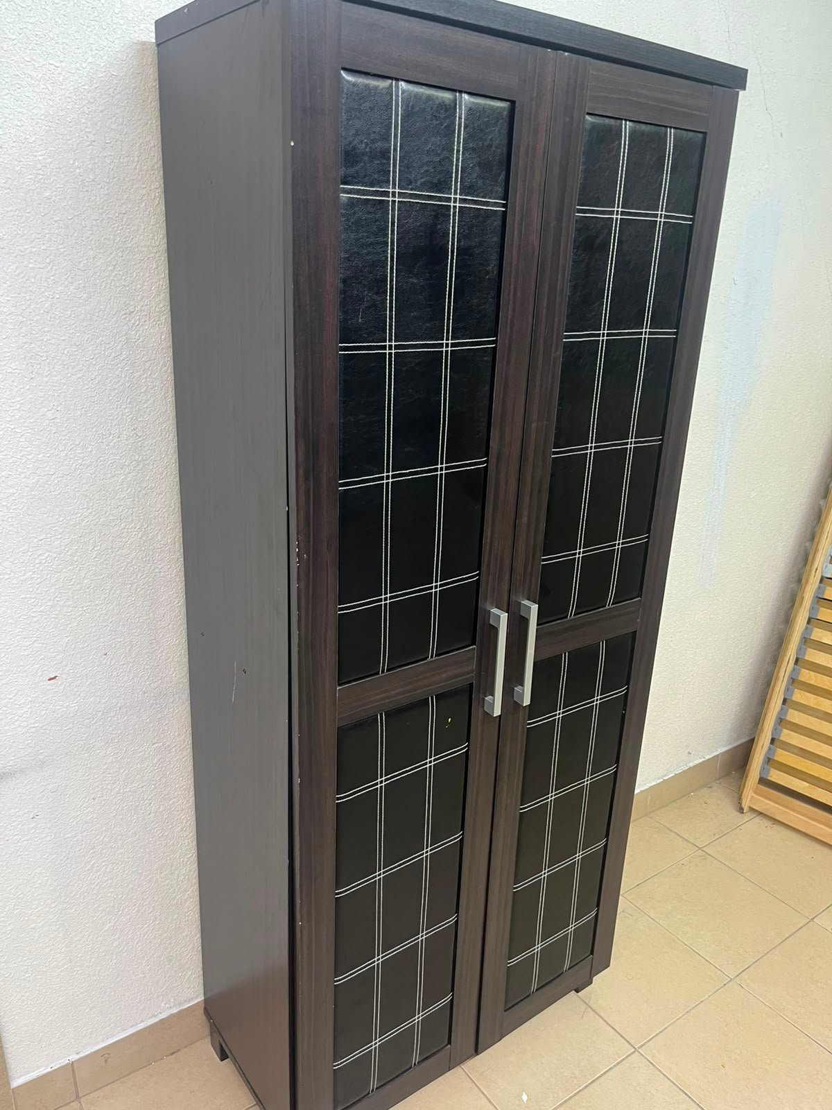 Modern Dark Wood 2-Door Wardrobe / Closet – Espresso Frame with Black Glossy Grid Panels & Vertical Silver Handles - Image 6
