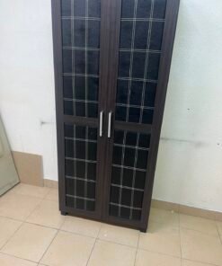 Modern Dark Wood 2-Door Wardrobe / Closet – Espresso Frame with Black Glossy Grid Panels & Vertical Silver Handles - Image 7