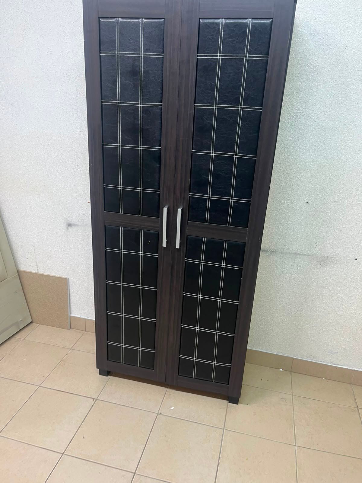 Modern Dark Wood 2-Door Wardrobe / Closet – Espresso Frame with Black Glossy Grid Panels & Vertical Silver Handles - Image 7