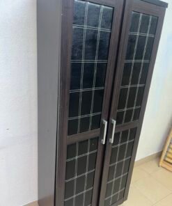 Modern Dark Wood 2-Door Wardrobe / Closet – Espresso Frame with Black Glossy Grid Panels & Vertical Silver Handles - Image 8
