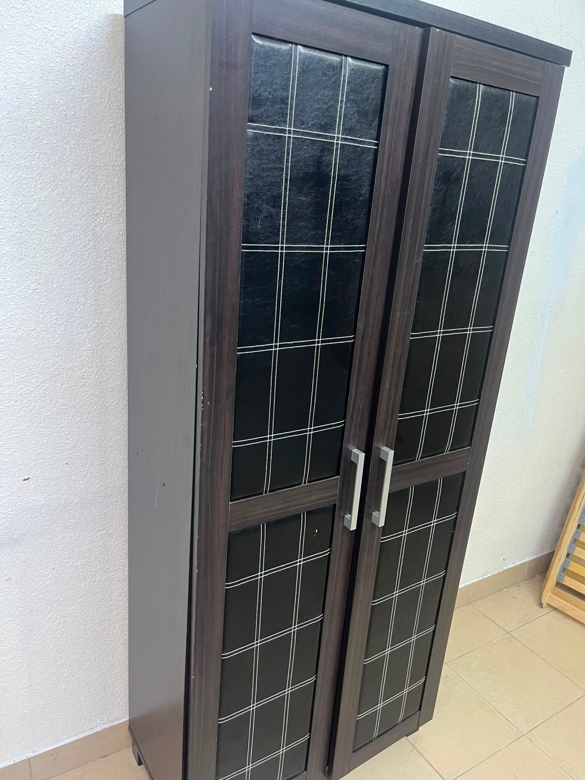 Modern Dark Wood 2-Door Wardrobe / Closet – Espresso Frame with Black Glossy Grid Panels & Vertical Silver Handles - Image 8