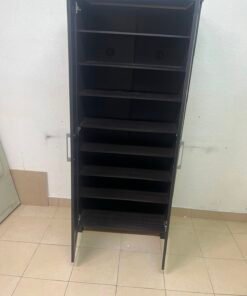 Modern Dark Wood 2-Door Wardrobe / Closet – Espresso Frame with Black Glossy Grid Panels & Vertical Silver Handles - Image 9