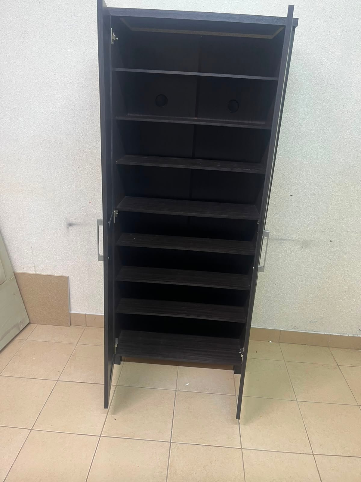 Modern Dark Wood 2-Door Wardrobe / Closet – Espresso Frame with Black Glossy Grid Panels & Vertical Silver Handles - Image 9