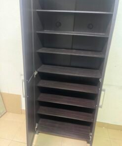 Modern Dark Wood 2-Door Wardrobe / Closet – Espresso Frame with Black Glossy Grid Panels & Vertical Silver Handles - Image 10