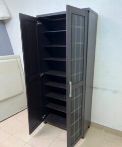 Modern Dark Wood 2-Door Wardrobe / Closet – Espresso Frame with Black Glossy Grid Panels & Vertical Silver Handles - Image 11