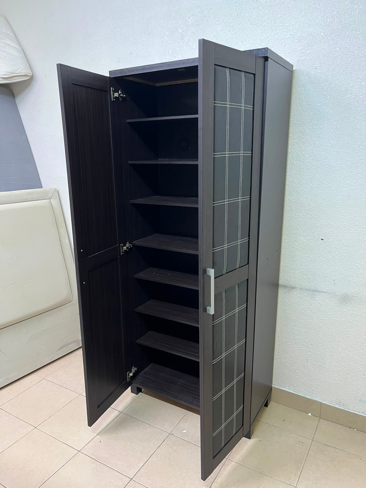 Modern Dark Wood 2-Door Wardrobe / Closet – Espresso Frame with Black Glossy Grid Panels & Vertical Silver Handles - Image 11