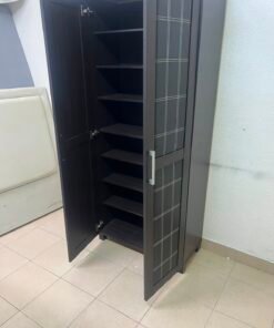Modern Dark Wood 2-Door Wardrobe / Closet – Espresso Frame with Black Glossy Grid Panels & Vertical Silver Handles - Image 12