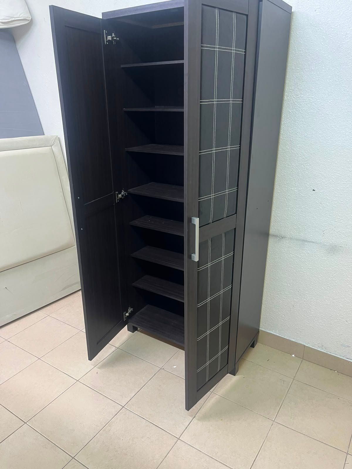 Modern Dark Wood 2-Door Wardrobe / Closet – Espresso Frame with Black Glossy Grid Panels & Vertical Silver Handles - Image 12