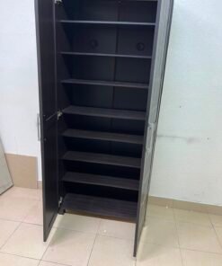 Modern Dark Wood 2-Door Wardrobe / Closet – Espresso Frame with Black Glossy Grid Panels & Vertical Silver Handles - Image 13