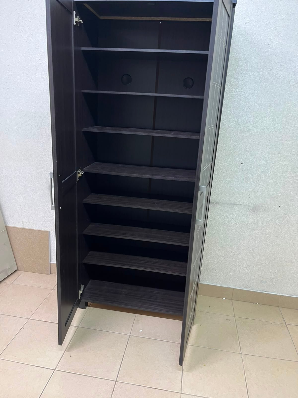 Modern Dark Wood 2-Door Wardrobe / Closet – Espresso Frame with Black Glossy Grid Panels & Vertical Silver Handles - Image 13