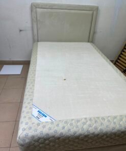 Classic Single Bed Frame with Cream Upholstered Headboard & Floral Quilted Mattress – Solid Bedroom Set with Divan Base