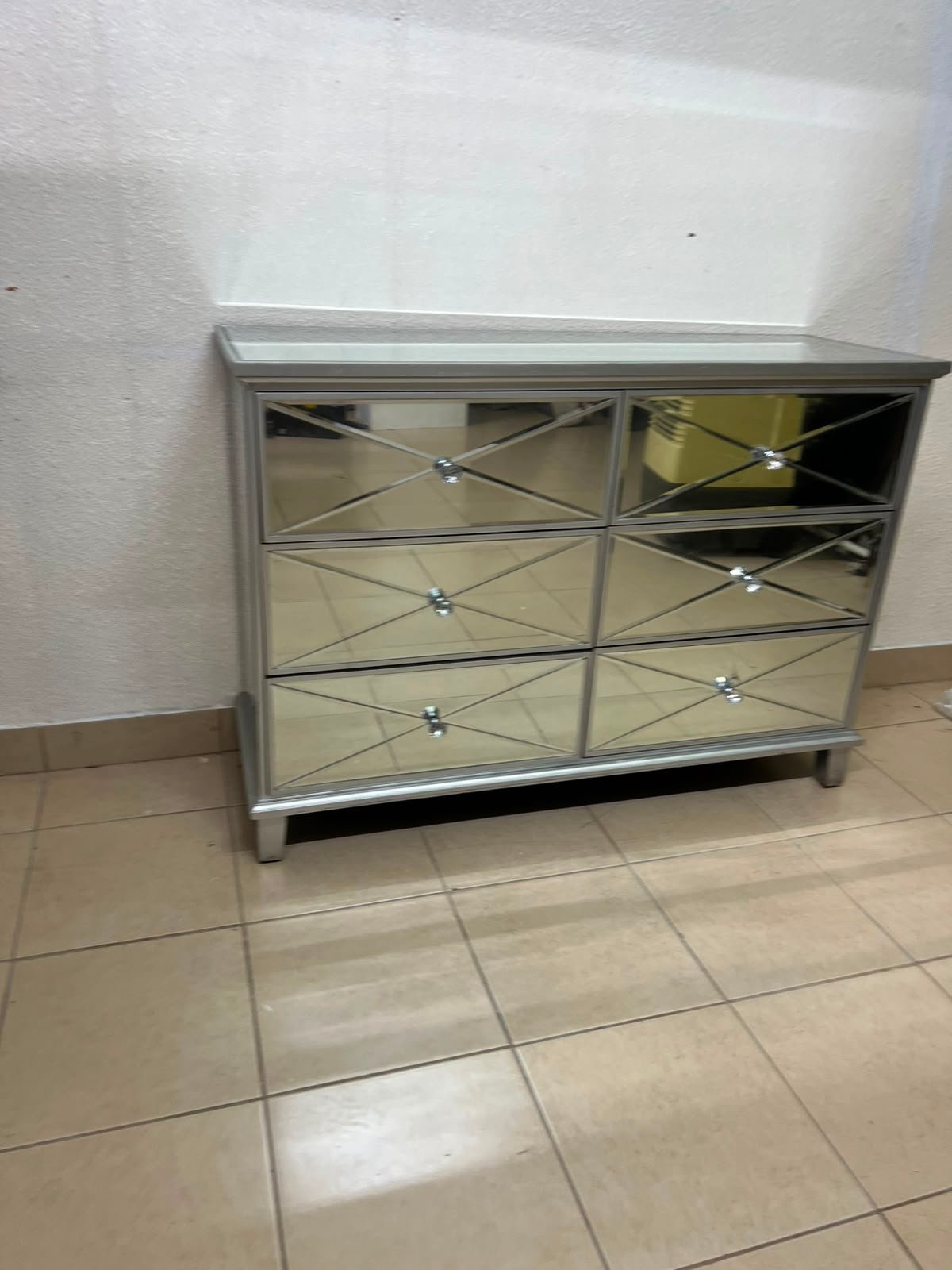 Modern Mirrored 6-Drawer Chest / Dresser – Luxurious Silver Glass Storage Cabinet with Faux Diamond Pulls & Glass Top - Image 7