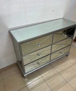 Modern Mirrored 6-Drawer Chest / Dresser – Luxurious Silver Glass Storage Cabinet with Faux Diamond Pulls & Glass Top - Image 6