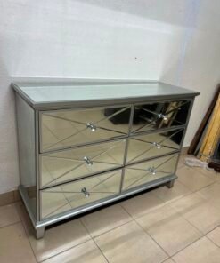 Modern Mirrored 6-Drawer Chest / Dresser – Luxurious Silver Glass Storage Cabinet with Faux Diamond Pulls & Glass Top - Image 5