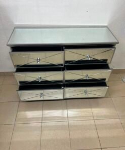 Modern Mirrored 6-Drawer Chest / Dresser – Luxurious Silver Glass Storage Cabinet with Faux Diamond Pulls & Glass Top - Image 2