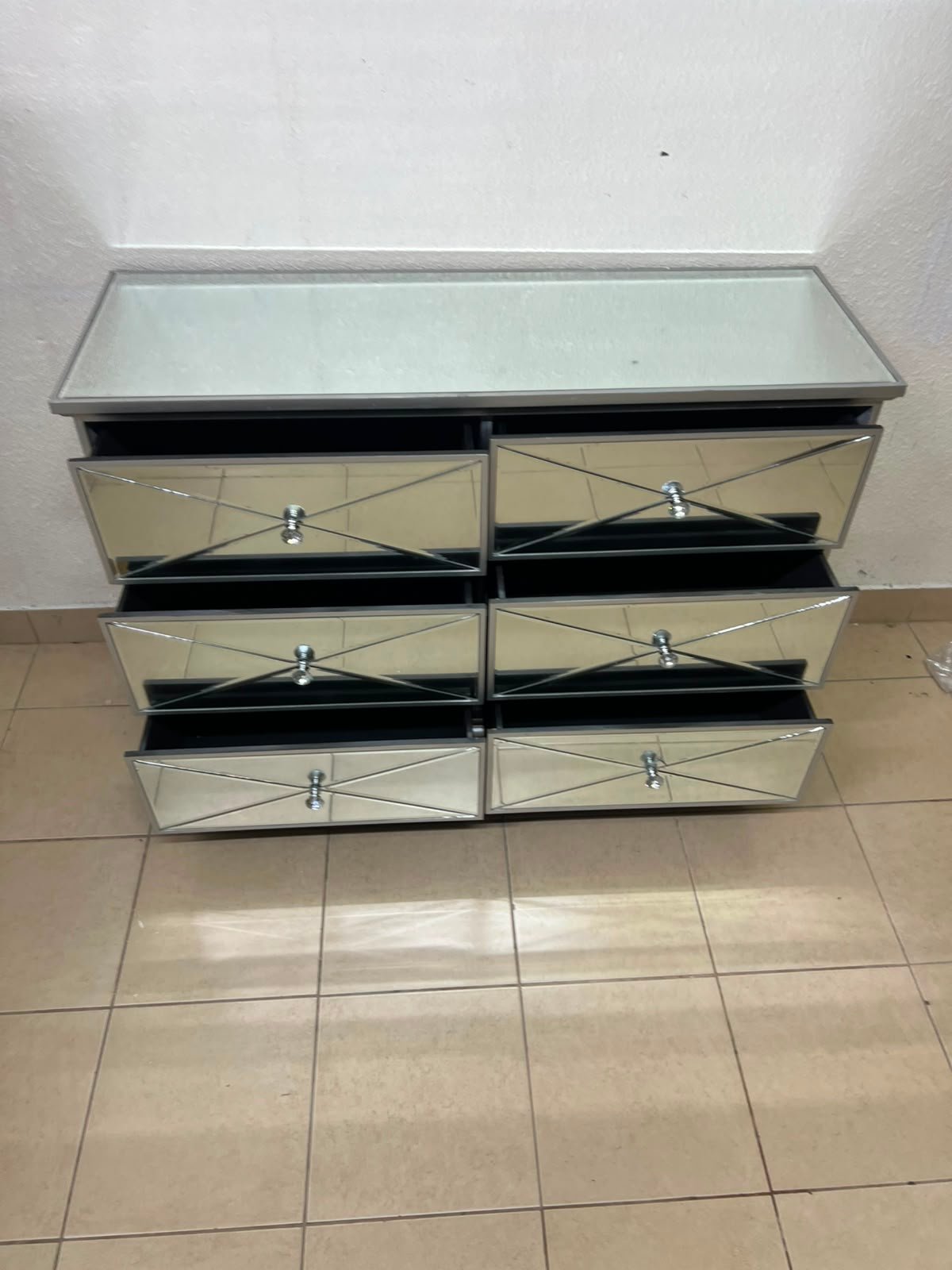 Modern Mirrored 6-Drawer Chest / Dresser – Luxurious Silver Glass Storage Cabinet with Faux Diamond Pulls & Glass Top - Image 2