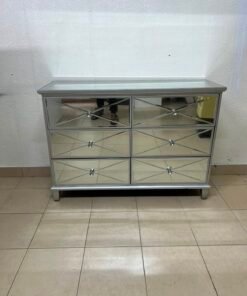 Modern Mirrored 6-Drawer Chest / Dresser – Luxurious Silver Glass Storage Cabinet with Faux Diamond Pulls & Glass Top