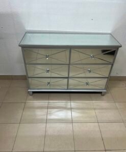 Modern Mirrored 6-Drawer Chest / Dresser – Luxurious Silver Glass Storage Cabinet with Faux Diamond Pulls & Glass Top - Image 9