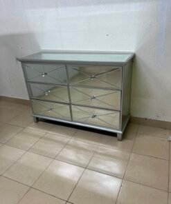 Modern Mirrored 6-Drawer Chest / Dresser – Luxurious Silver Glass Storage Cabinet with Faux Diamond Pulls & Glass Top - Image 8