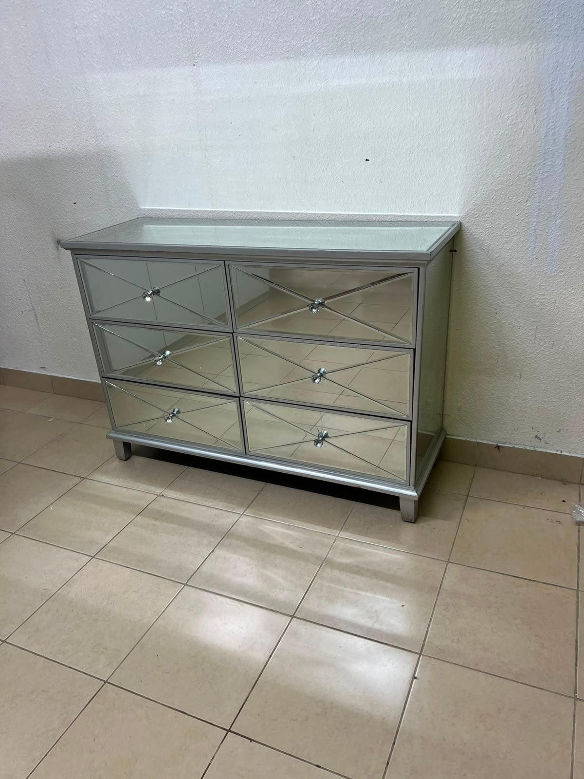 Modern Mirrored 6-Drawer Chest / Dresser – Luxurious Silver Glass Storage Cabinet with Faux Diamond Pulls & Glass Top - Image 8