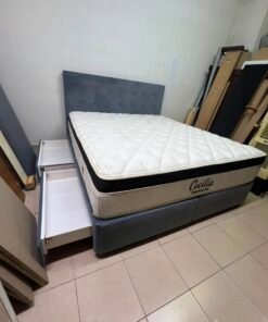 A modern, gray, upholstered double bed, paired with a thick, padded mattress with a soft top layer, featuring a prominent black border. - Image 10