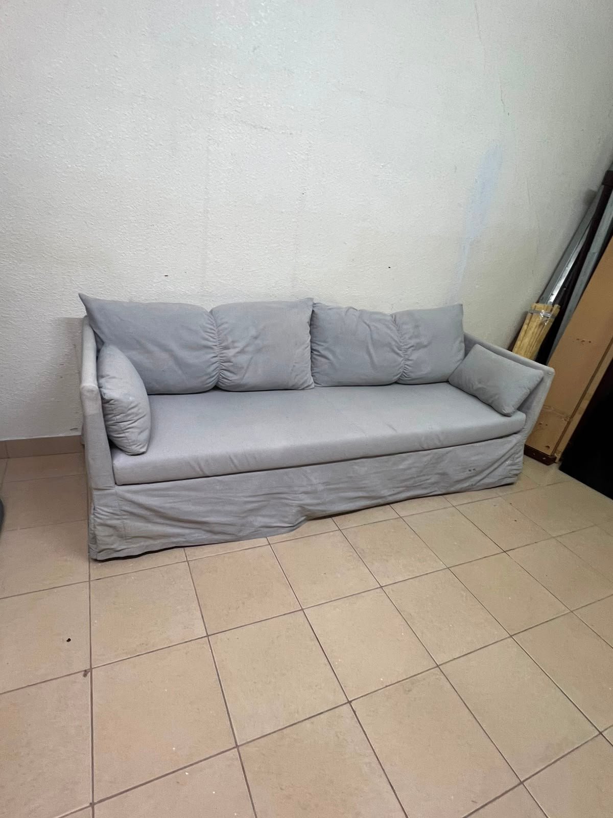This IKEA HYLTARP three-seater sofa in Gransel grey features a sleek, minimalist cover design with matching soft back cushions and supportive arm cushions. - Image 2