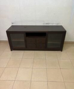 A television unit with a dark espresso-colored finish on solid mahogany wood and antique card catalog-style drawer pulls. - Image 2
