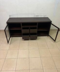 A television unit with a dark espresso-colored finish on solid mahogany wood and antique card catalog-style drawer pulls. - Image 6