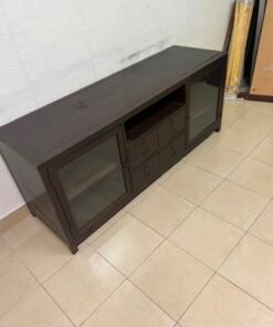 A television unit with a dark espresso-colored finish on solid mahogany wood and antique card catalog-style drawer pulls. - Image 7