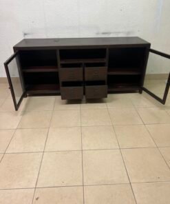 A television unit with a dark espresso-colored finish on solid mahogany wood and antique card catalog-style drawer pulls. - Image 8