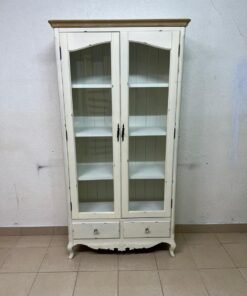 An antique-style display cabinet (vitrine) with two glass doors and an ivory frame with a wooden top. - Image 8