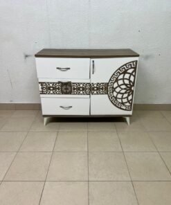 This is a sideboard with a wooden and white design, decorated with geometric patterns in the Turkish style.