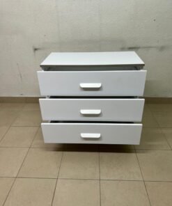 White chest of drawers with three drawers and metal legs with a connected frame. - Image 5