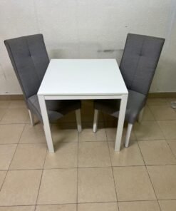 A square white dining table with two chairs - Image 6